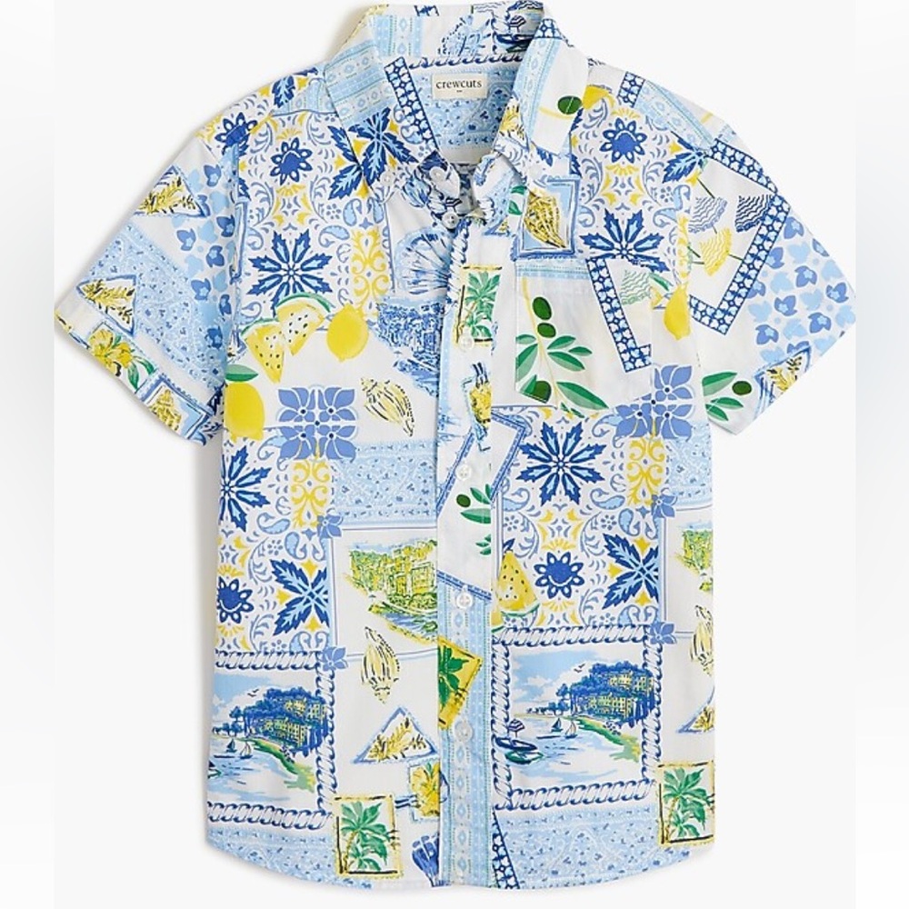 JCrew Boys crewcuts button up short Sleeve Shirt White brilliant ocean 4-5